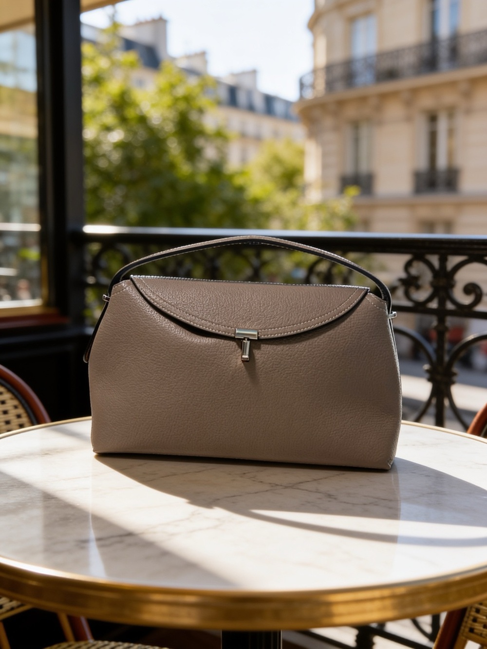 Premium Leather  Shoulder Bag -Etoupe with Silver tone Hardware